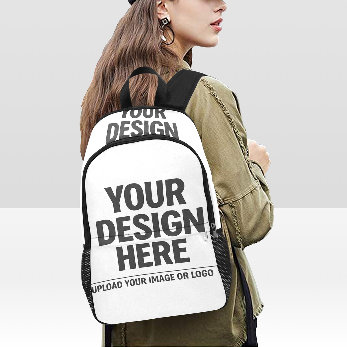 Fabric Backpack with Side Mesh Pockets (Black Straps)